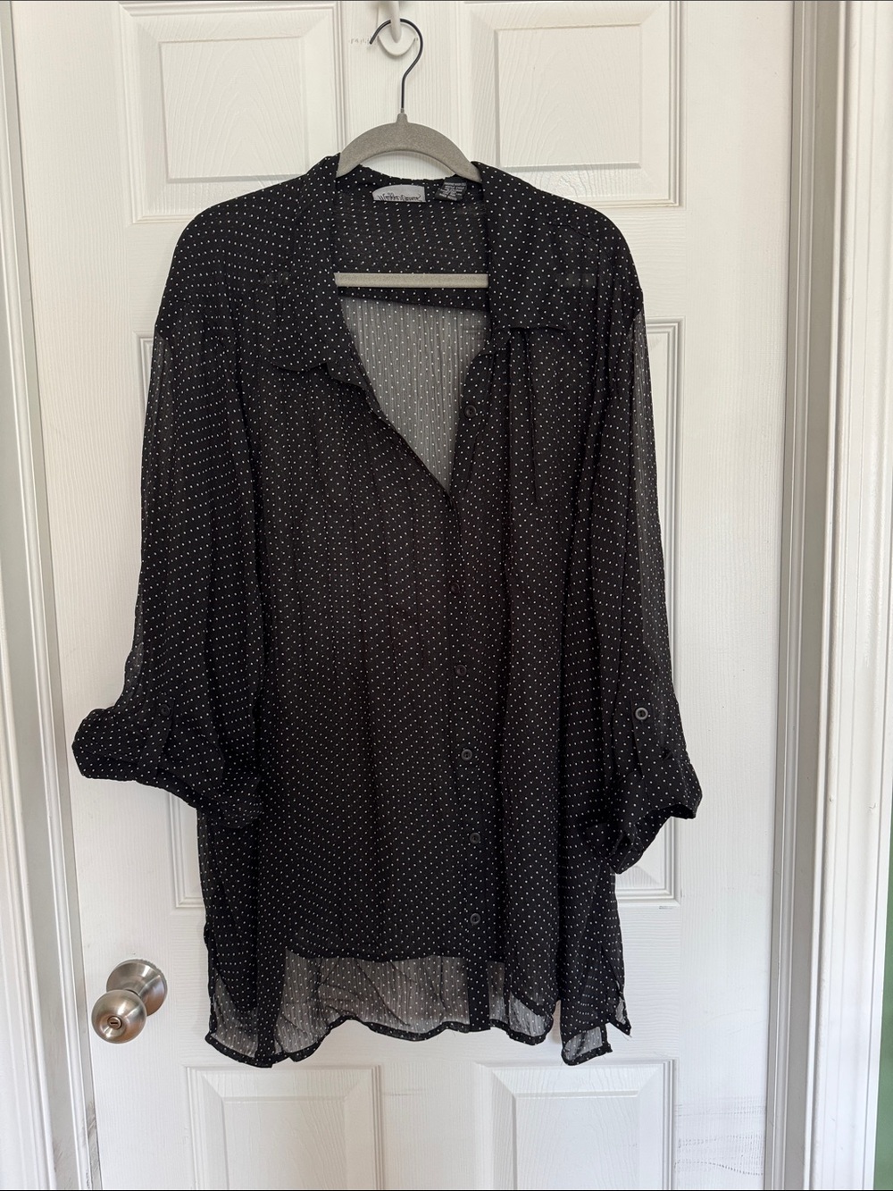 Maggie Barnes Black Sheer Polka Dot Button-Front Blouse